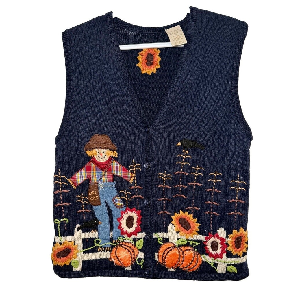 Vintage 90s Bobbie Brooks Fall Scarecrow Pumpkin Sweater Vest Medium